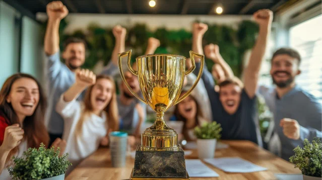 Collega's vieren feest rond een beker na het winnen van hun voetbalpronostiek